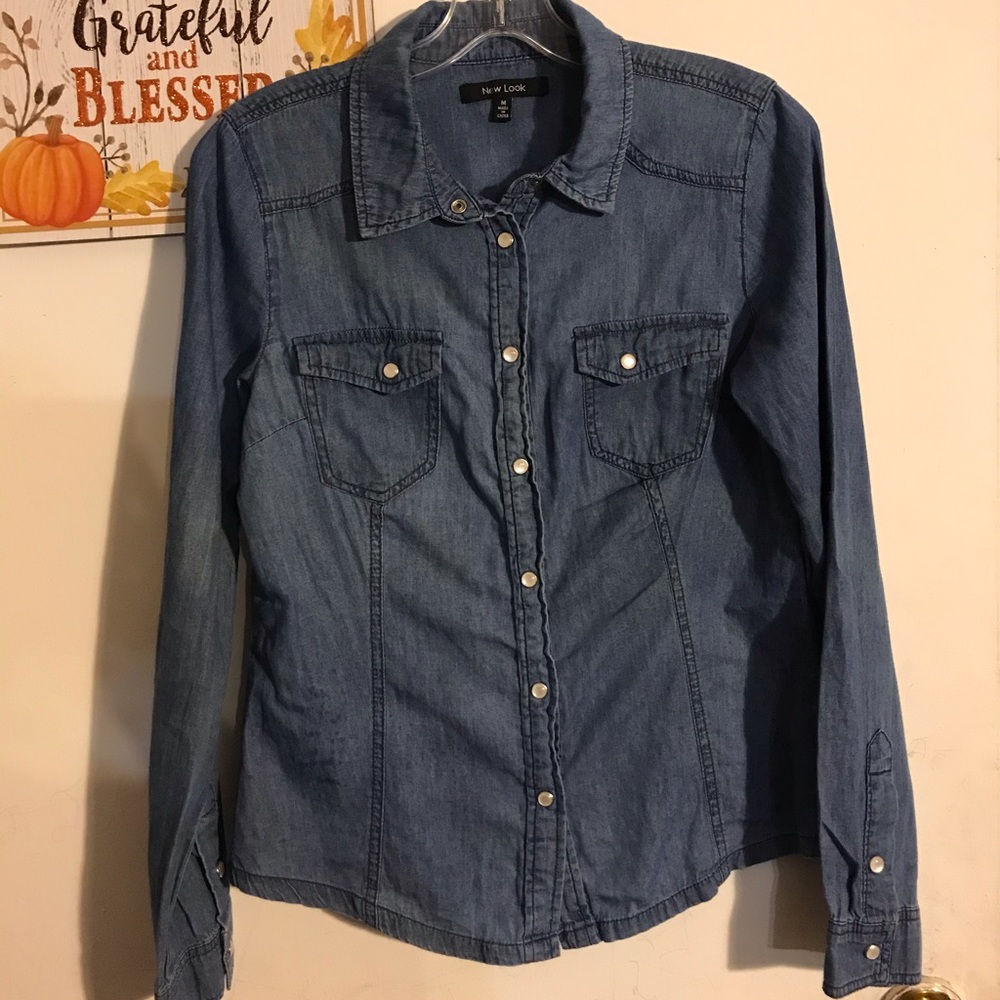 Denim Shirt Top Long Sleeve Blue Cotton